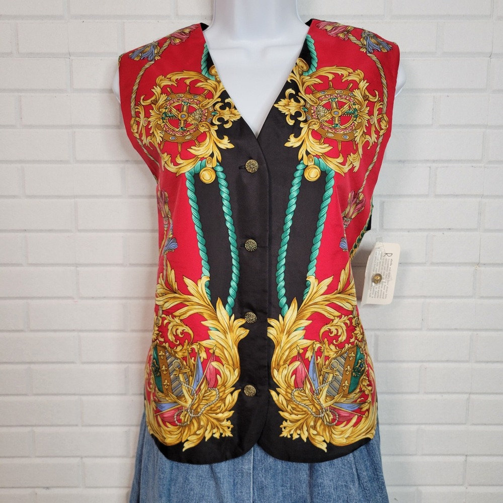 Vintage 1990s Rafaella Silk Scarf Print Vest M Red Gold Equestrian RS7559B - Picture 13 of 13
